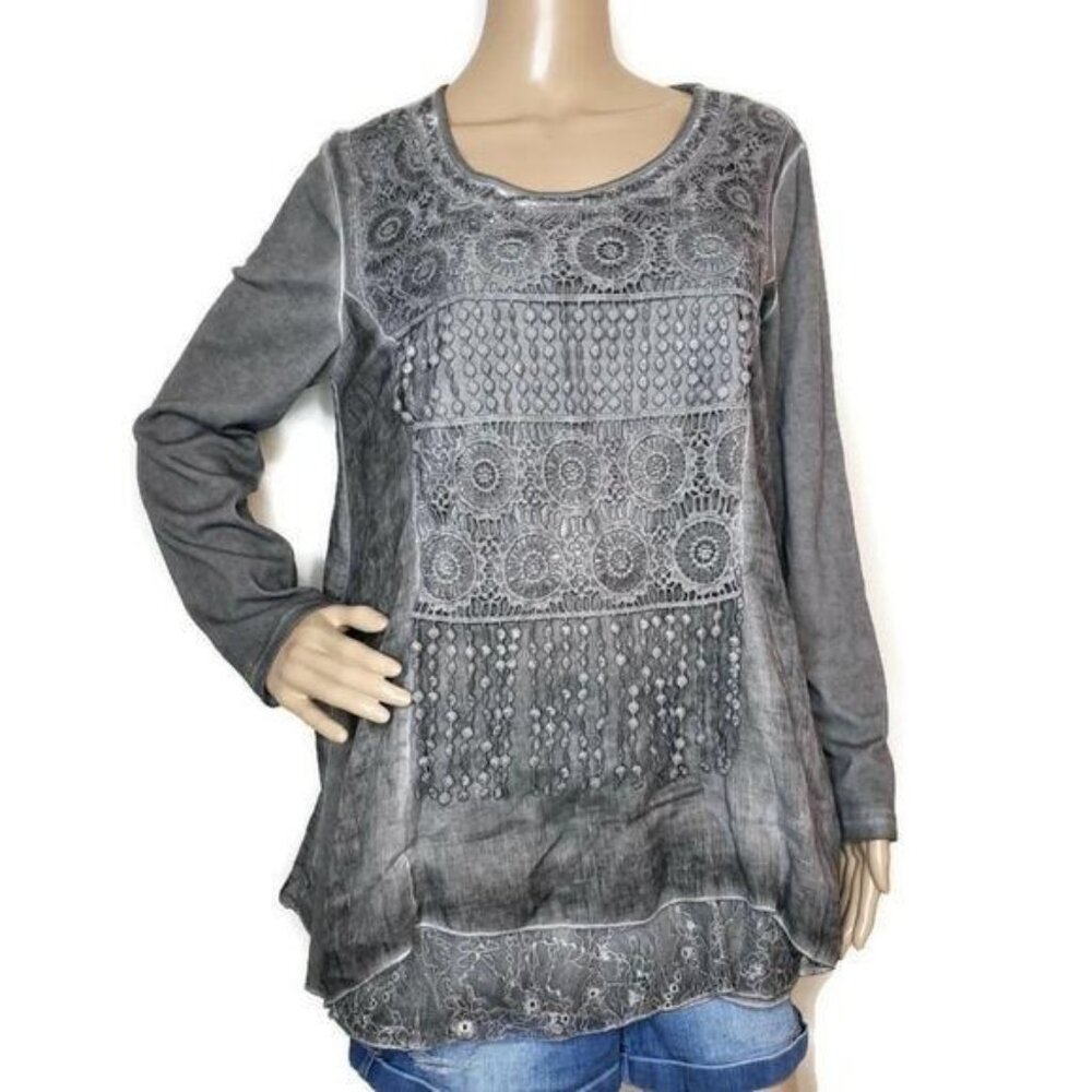 Cal Style Gray Long Sleeve Lace Tunic Top boho grey lace M